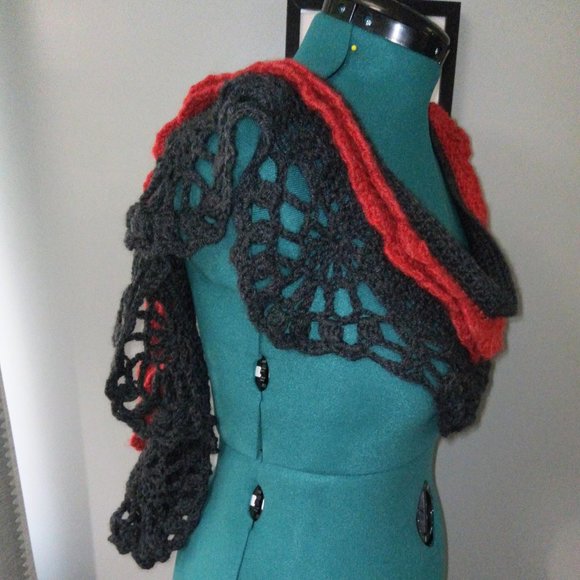 Crochet Multi-Wear Scarf/Wrap/Vest/Accessory in Heathered Red & Gray NEW - Picture 7 of 10